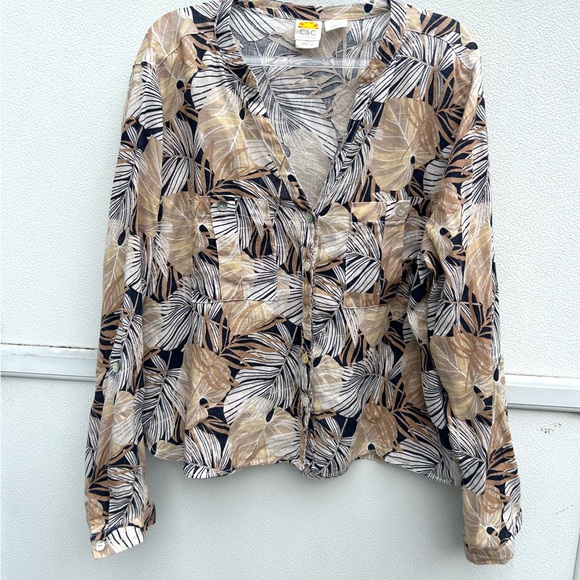 C&C California Linen Top Women XL Leaf Print Neutral Multi Button Front Resort - Picture 2 of 15